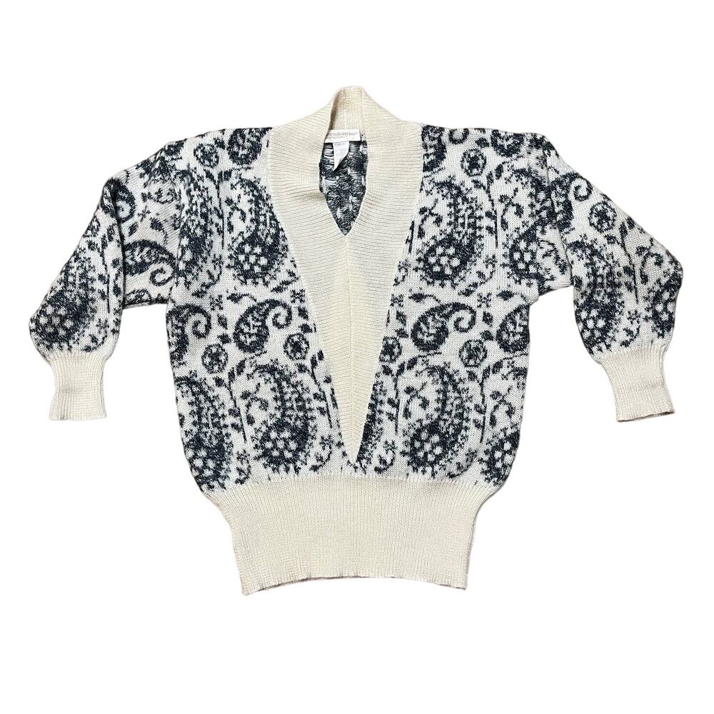 Mohair Blend VTG Sweater Womens Large Tall V-Neck Paisley Ivory Gray Italy Retro